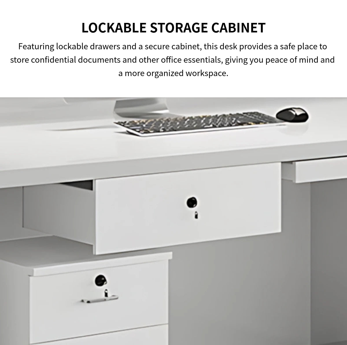 L-Shaped Reception Desk 79-142 in Wide with Keyboard Tray, Lockable & File Drawers — Detail image 6