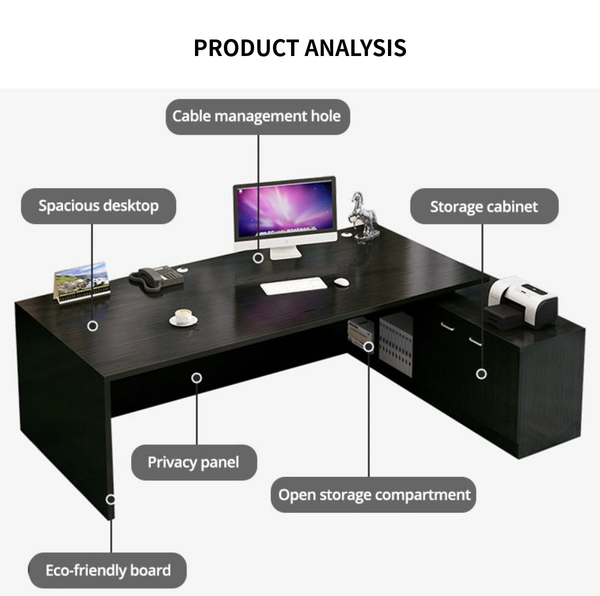 Modern Executive Desk with Solid Wood, Round & Cable Management for Home Office — Detail image 3