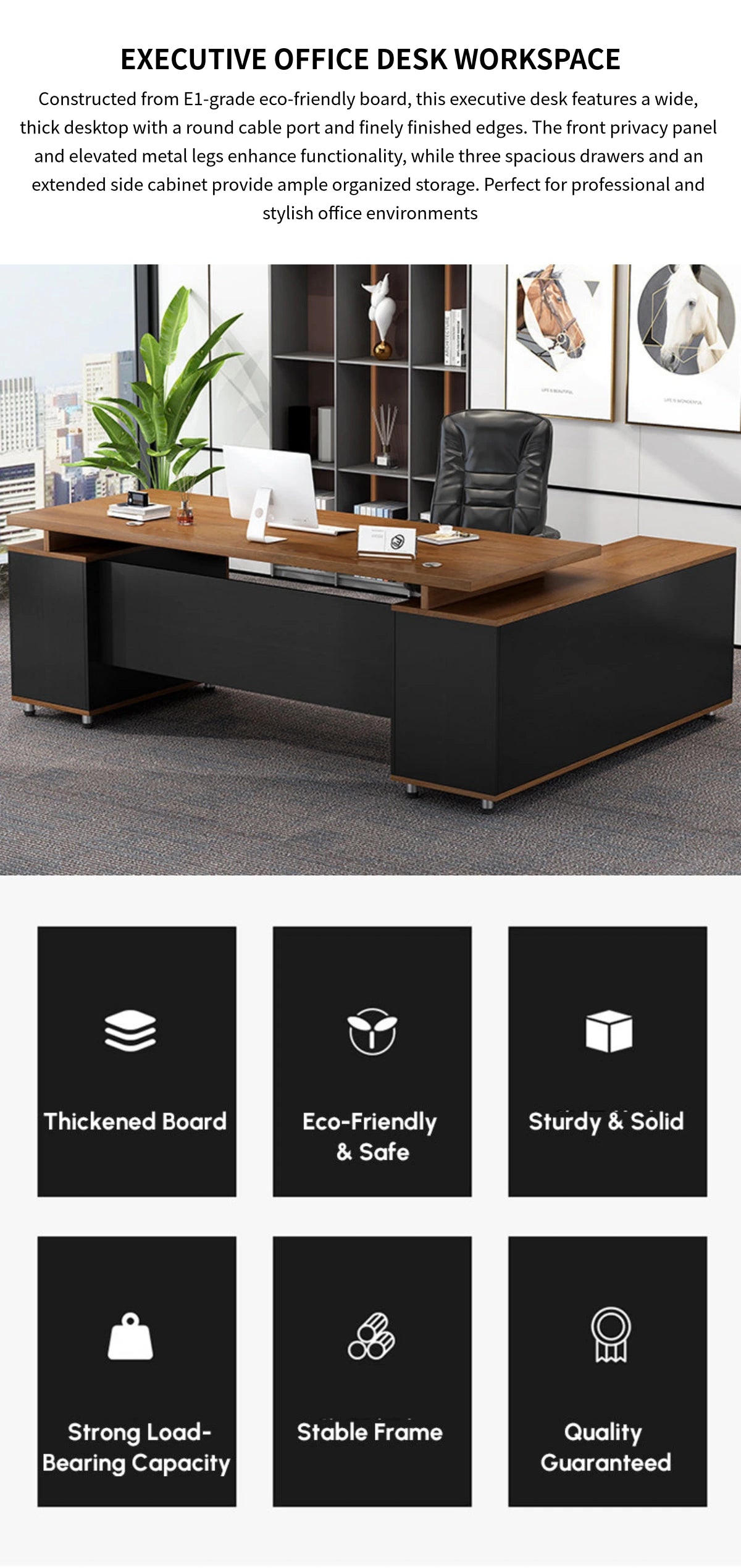 Modern Executive Desk with Round, Cable Management & Side Storage for Home Office — Detail image 1