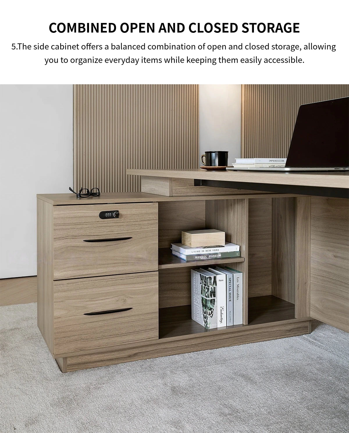 L-Shaped Executive Desk 63 in Wide with Privacy Panel, Cable Management & Side Storage — Detail image 2