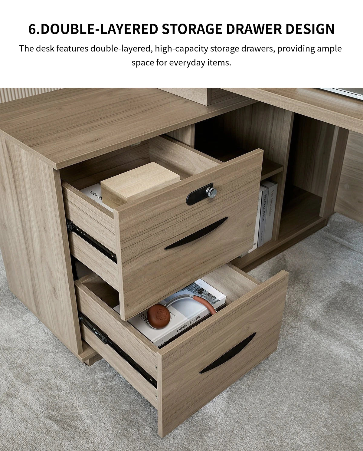 L-Shaped Executive Desk 63 in Wide with Privacy Panel, Cable Management & Side Storage — Detail image 3