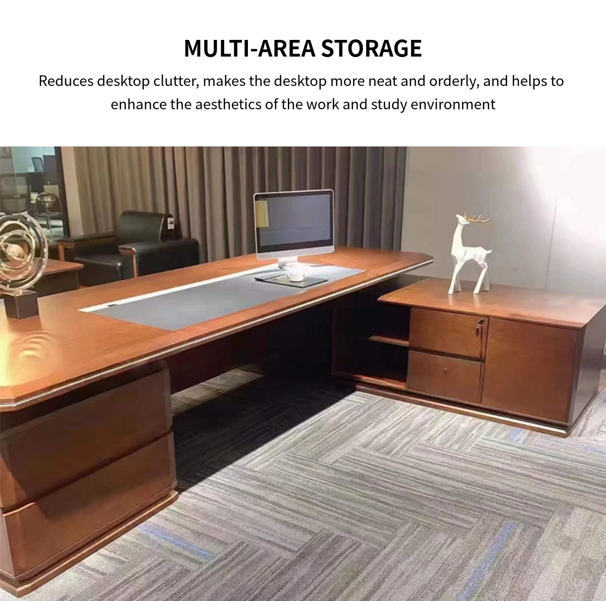 Modern Executive Desk with Solid Wood, File Drawers & Lumbar Support for Home Office — Detail image 3