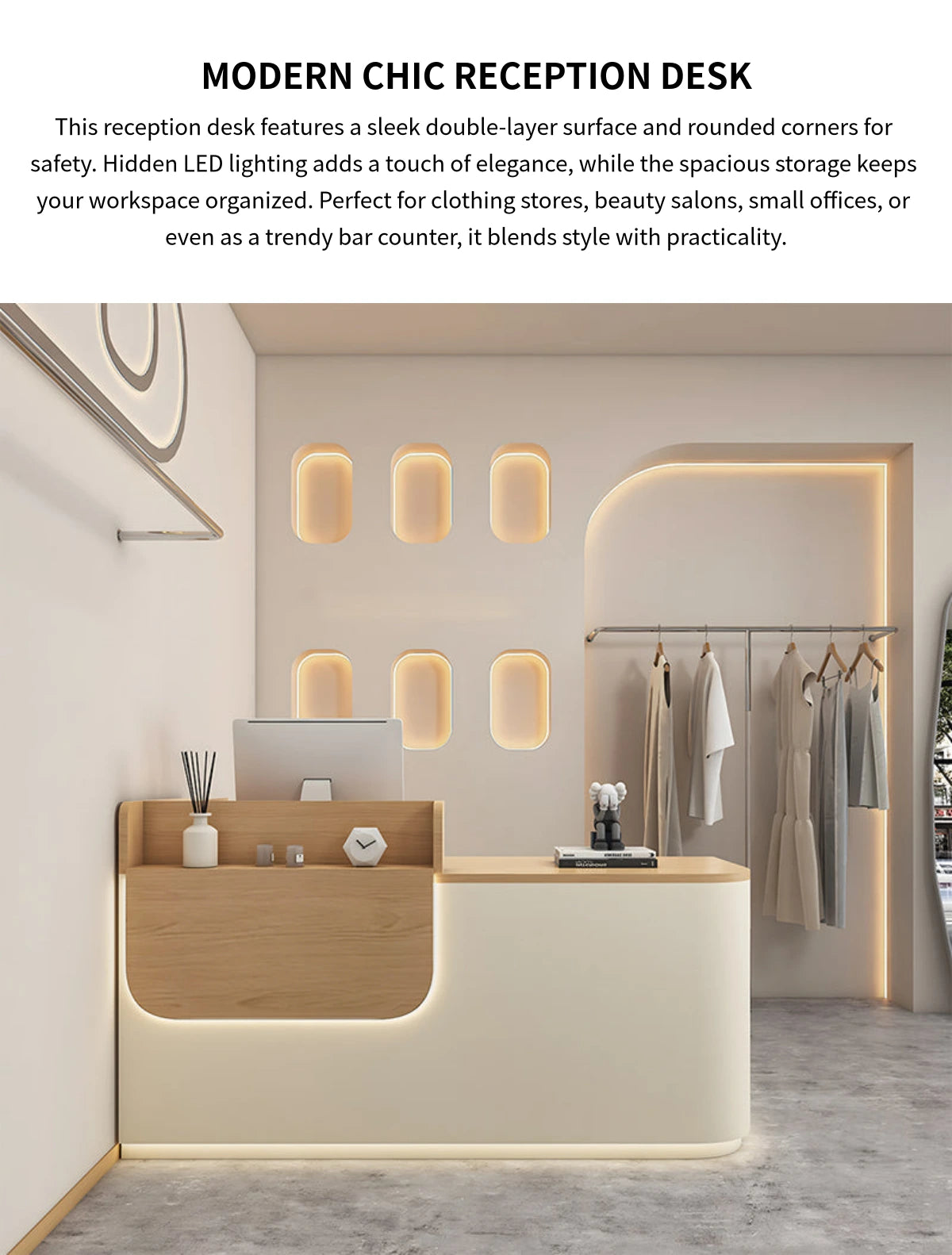 Curved Reception Desk 31-102 in Wide with LED Lighting, Lockable & File Drawers for Salon — Detail image 1