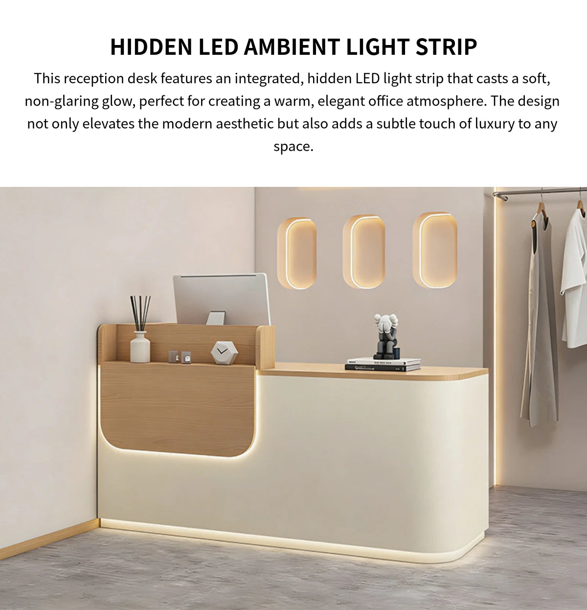 Curved Reception Desk 31-102 in Wide with LED Lighting, Lockable & File Drawers for Salon — Detail image 5