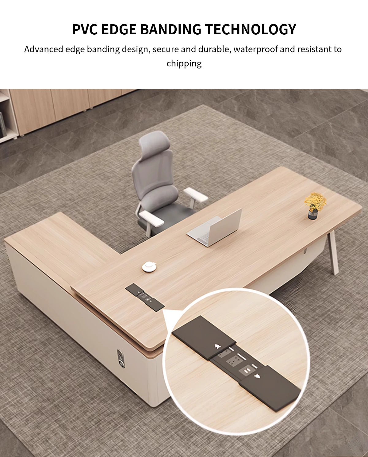 Modern Executive Desk 55-94 in Wide with Cable Management, Side Storage & Built-In Outlets — Detail image 5