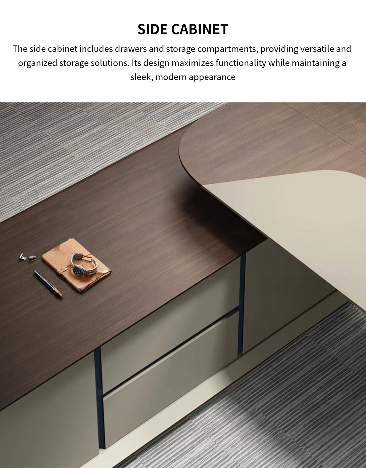 Modern Executive Desk 94-150 in Wide with Walnut, Curved & Side Storage for Home Office — Detail image 6