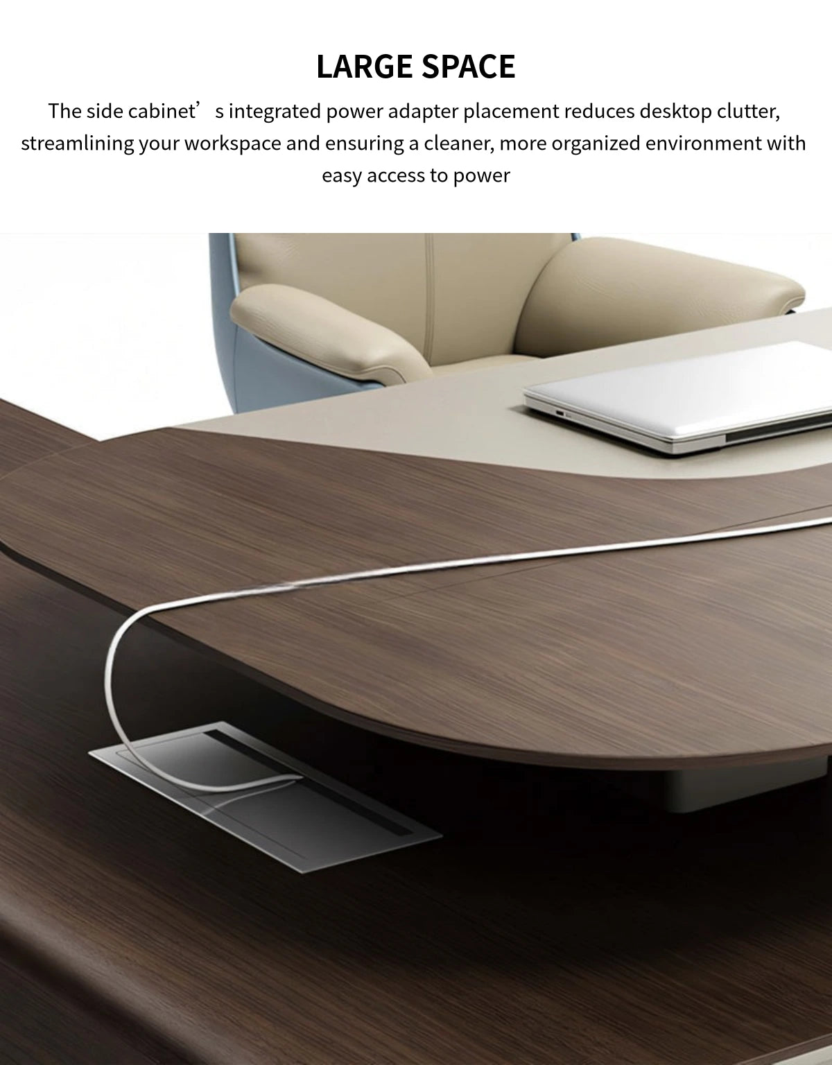 Modern Executive Desk 94-150 in Wide with Walnut, Curved & Side Storage for Home Office — Detail image 7
