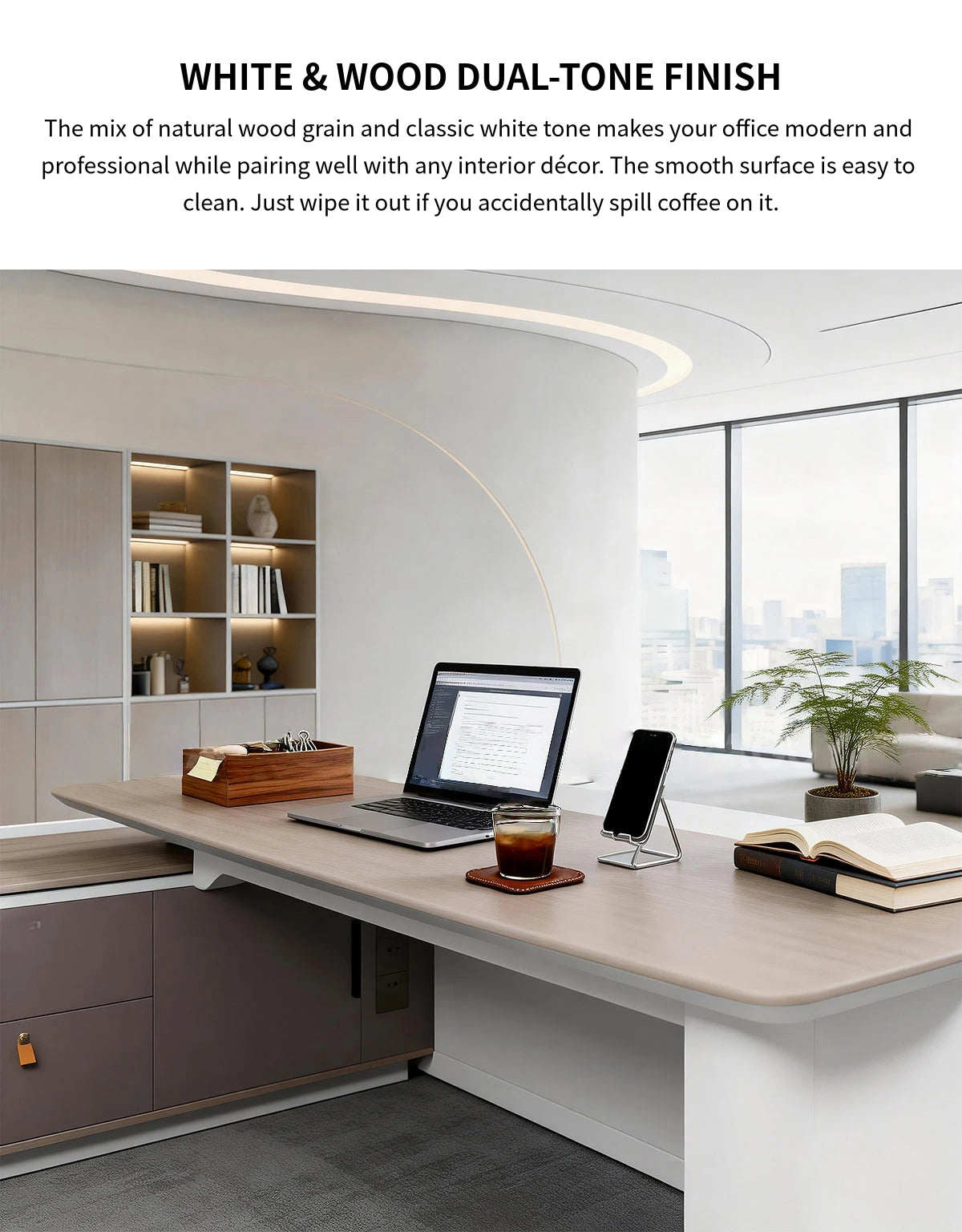 L-Shaped Executive Desk with Cable Management, Dual-Tone & LED Lighting for Home Office — Detail image 3
