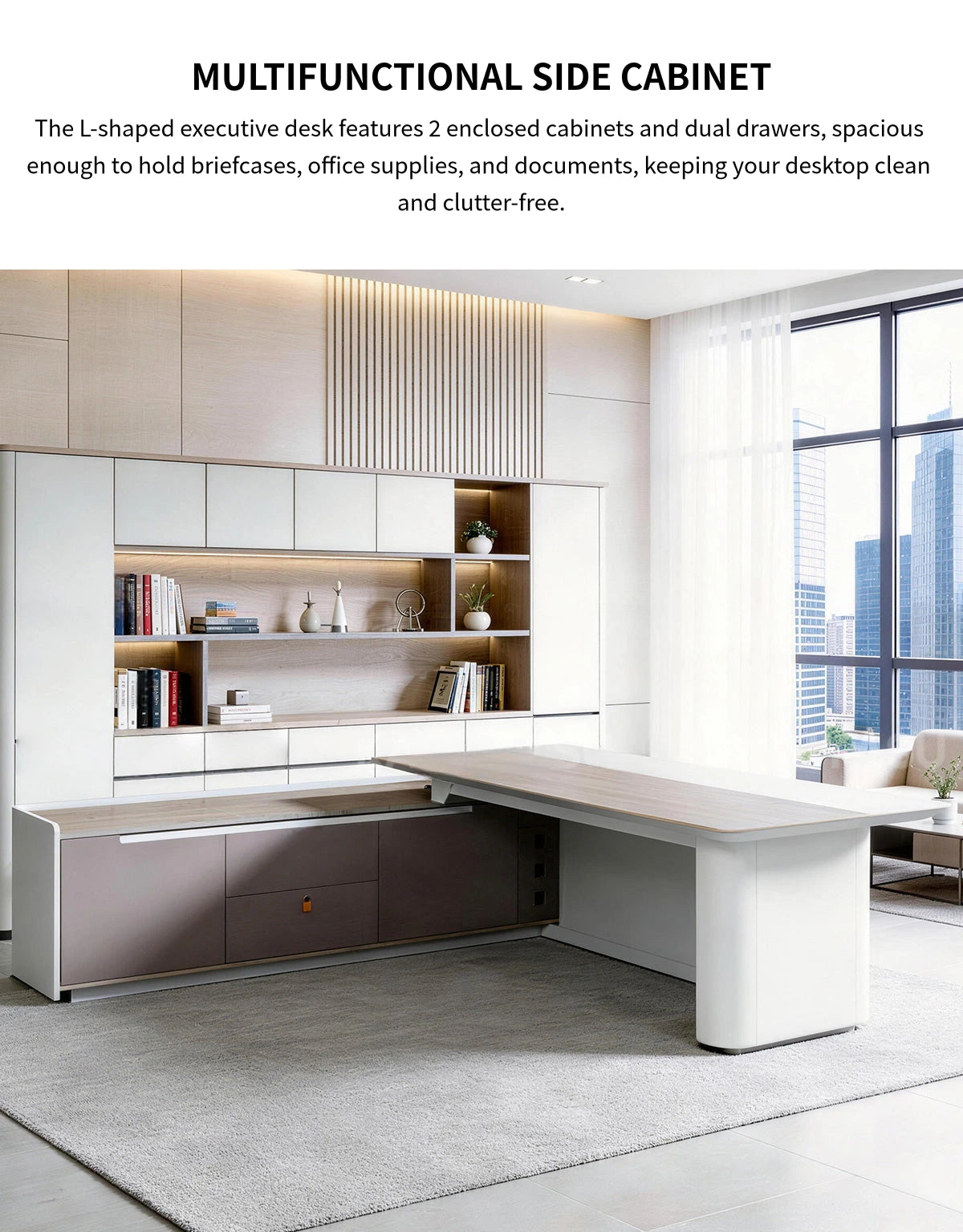 L-Shaped Executive Desk with Cable Management, Dual-Tone & LED Lighting for Home Office — Detail image 7