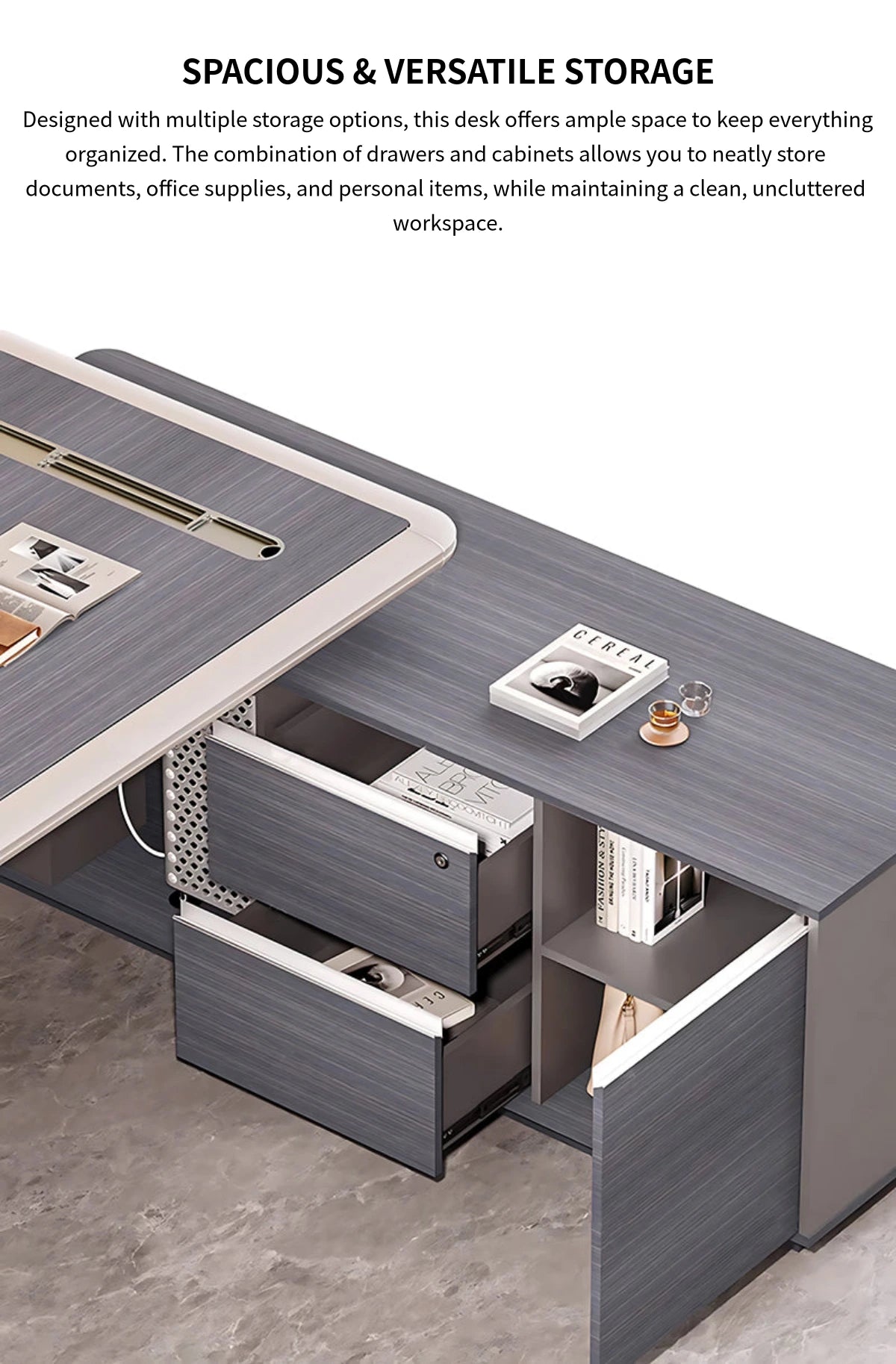 Modern Executive Desk with Side Storage, Curved & Cable Management for Home Office — Detail image 6