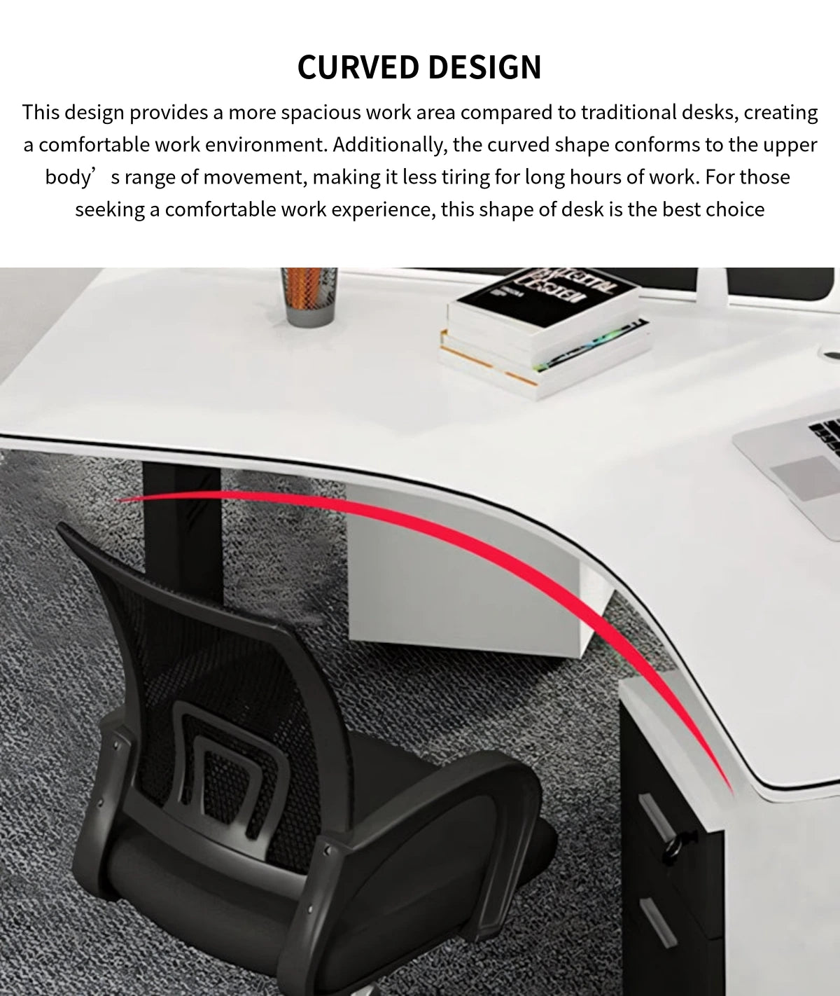 Curved Office Desk with Cable Management, File Drawers & Portable for Home Office — Detail image 4
