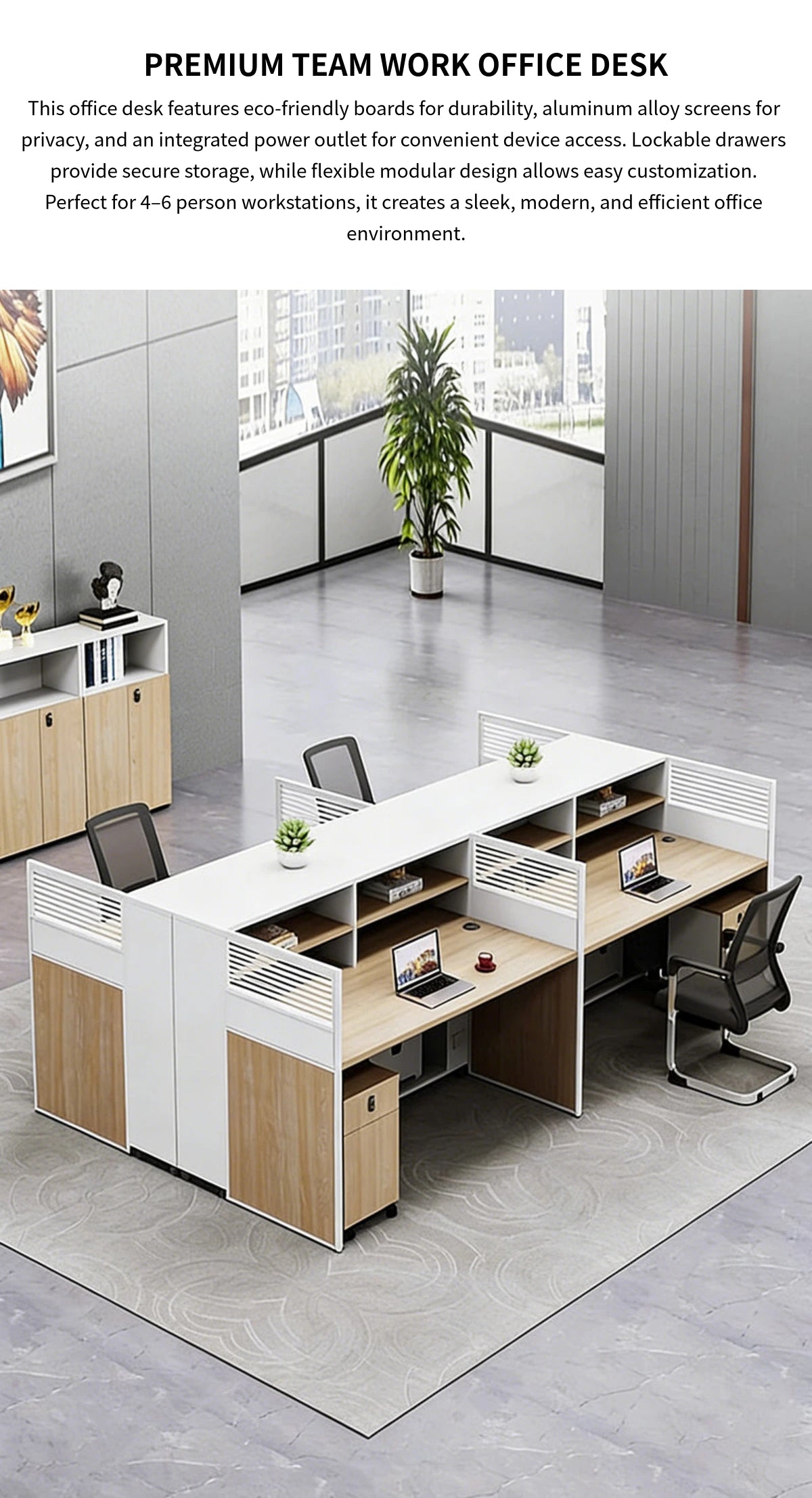 Office Workstation Desk with Lockable, Built-In Outlets & File Drawers for Home Office — Detail image 1