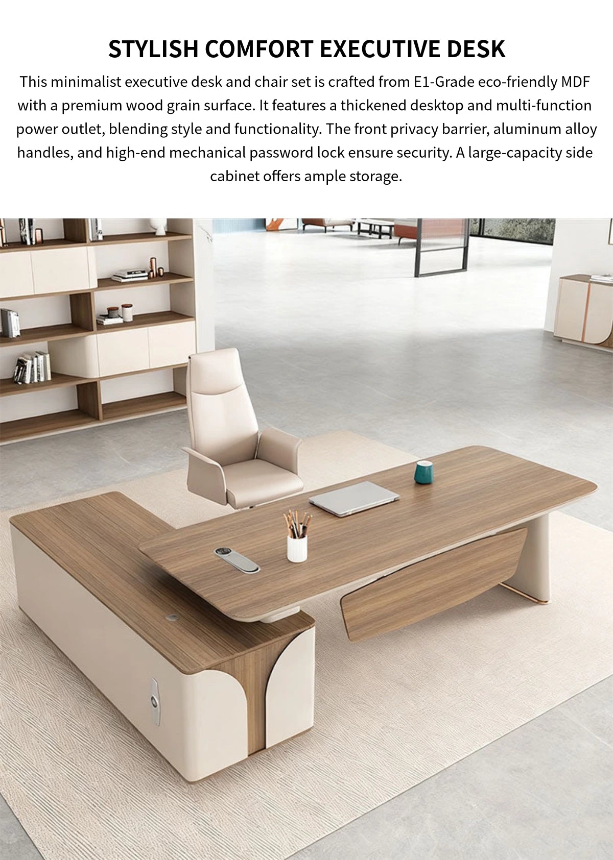 Modern Executive Desk with Curved, Built-In Outlets & Side Storage for Home Office — Detail image 1