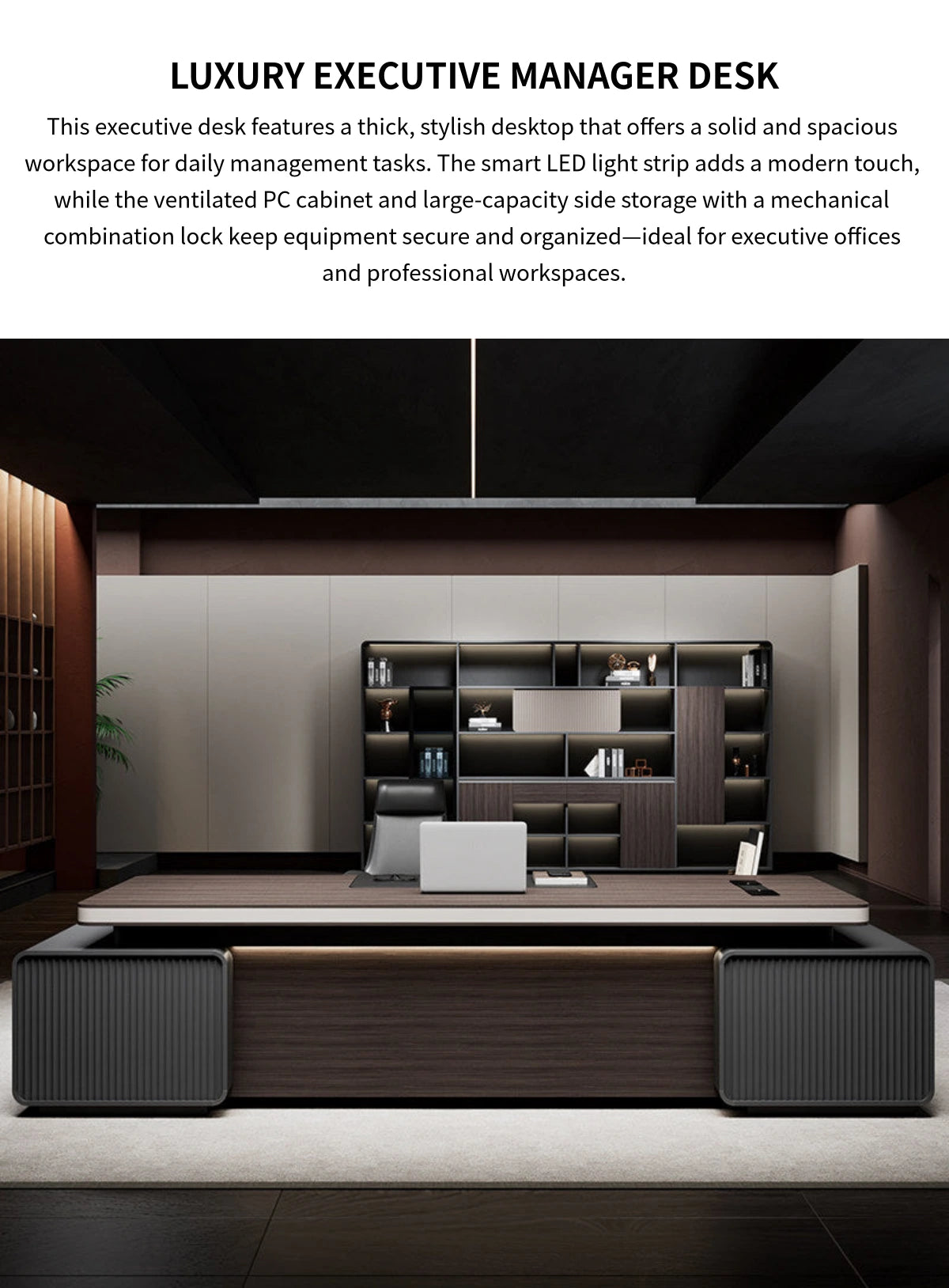 Modern Executive Desk with Cable Management, Curved & Built-In Outlets for Home Office — Detail image 1
