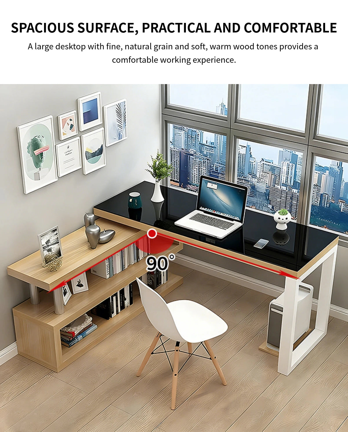 Modern Office Desk with Side Storage, Glass Top & Lumbar Support for Home Office — Detail image 4