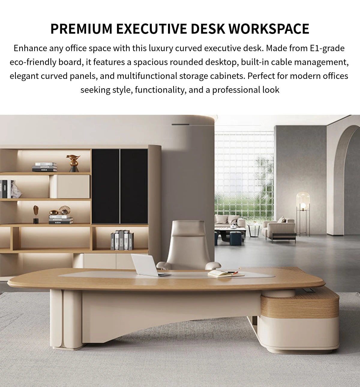 Modern Executive Desk with Curved, Cable Management & Side Storage for Home Office — Detail image 1