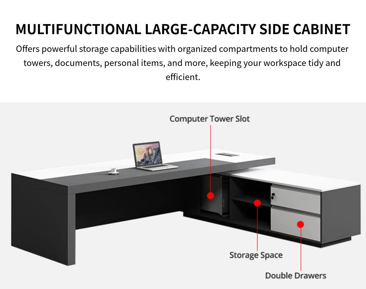 L-Shaped Executive Desk with Dual-Tone, Side Storage & File Drawers for Home Office — Detail image 7