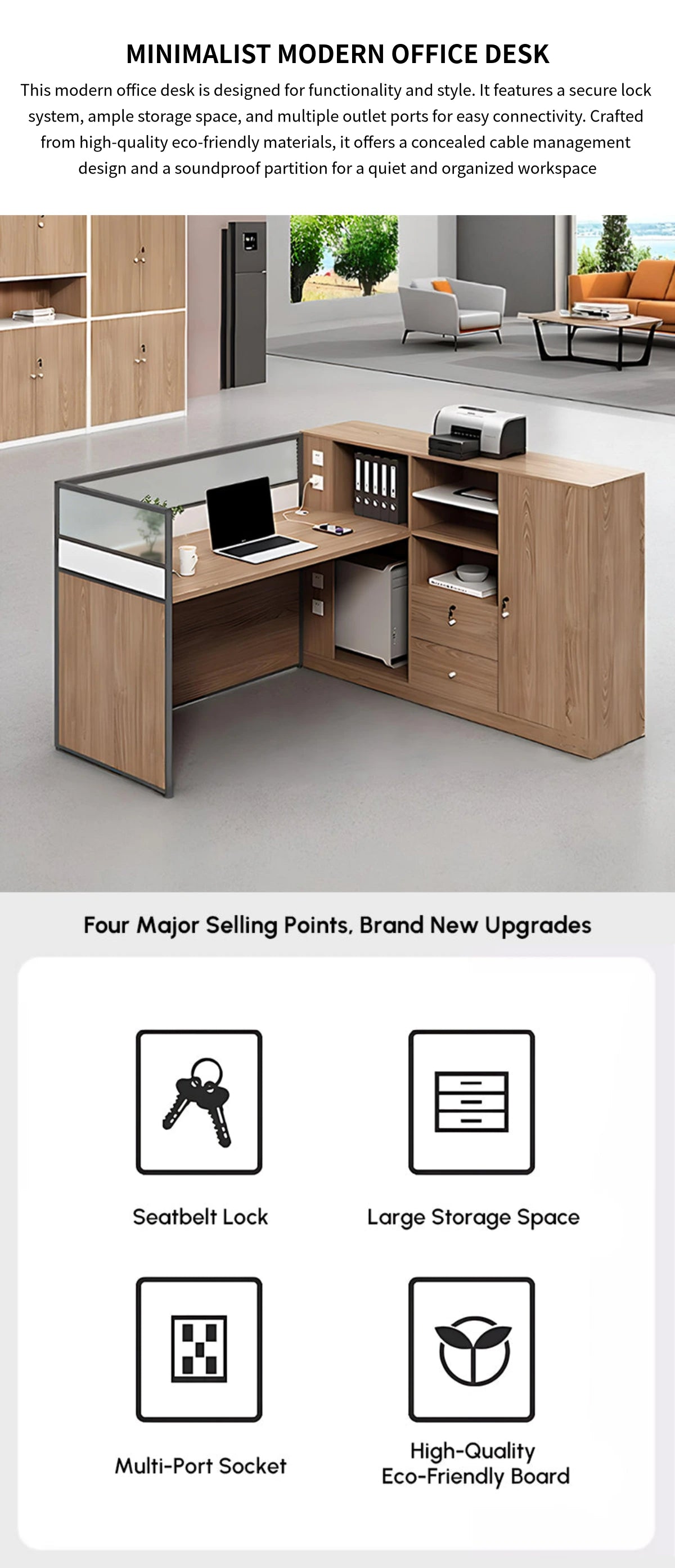 Modern Office Desk with Cable Management, Lockable & File Drawers for Home Office — Detail image 1