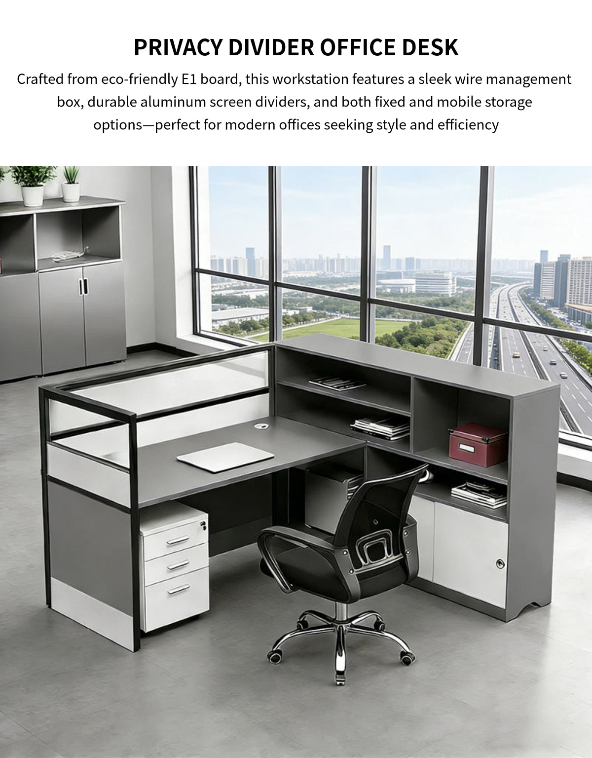Office Workstation Desk with Privacy Panel, Cable Management & Mobile Pedestal — Detail image 1