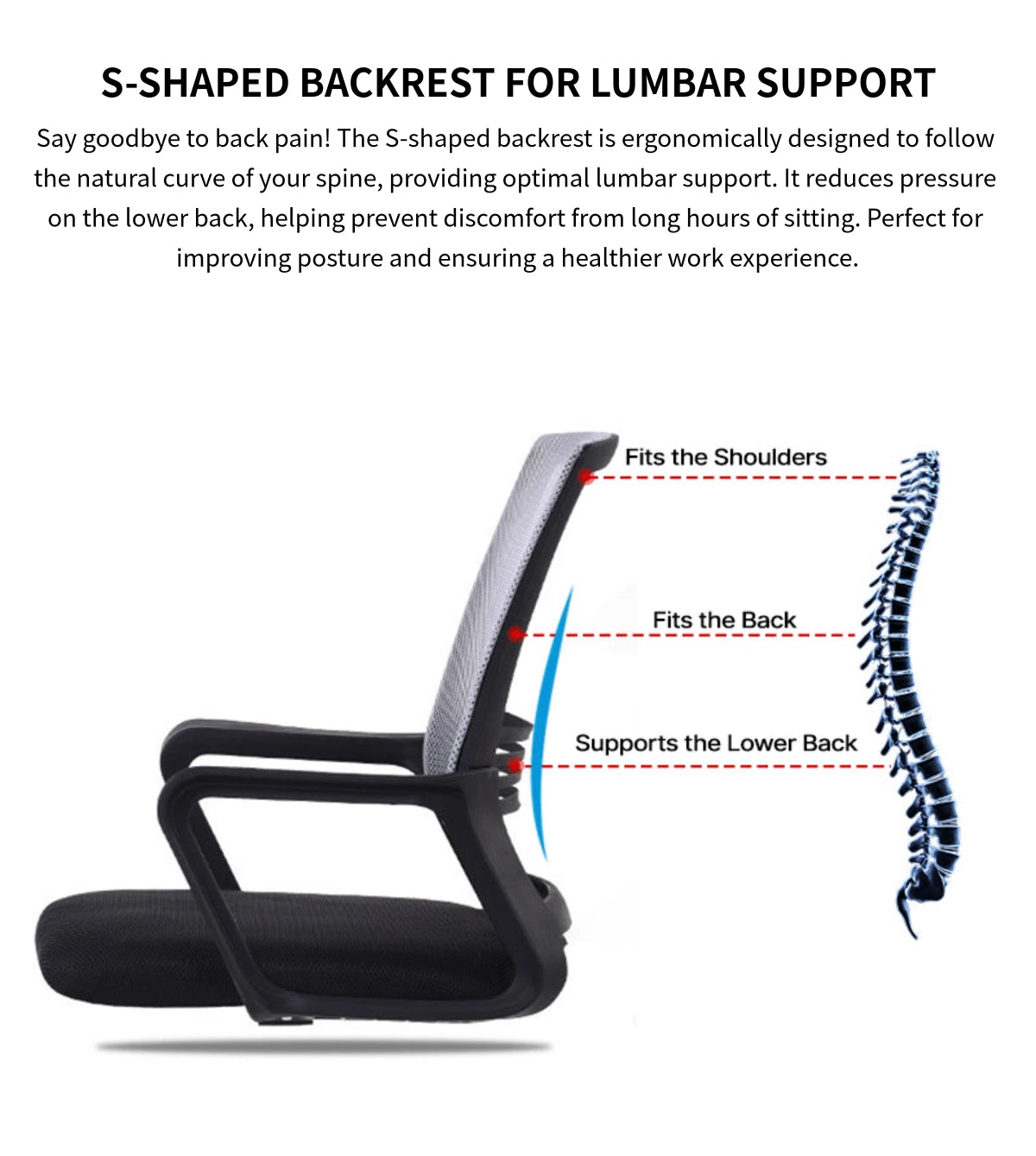 Adjustable Breathable Mesh Office Chair with 360° Swivel & S-shaped Back for Conference Rooms & Offices BGY-106 — Detail image 4