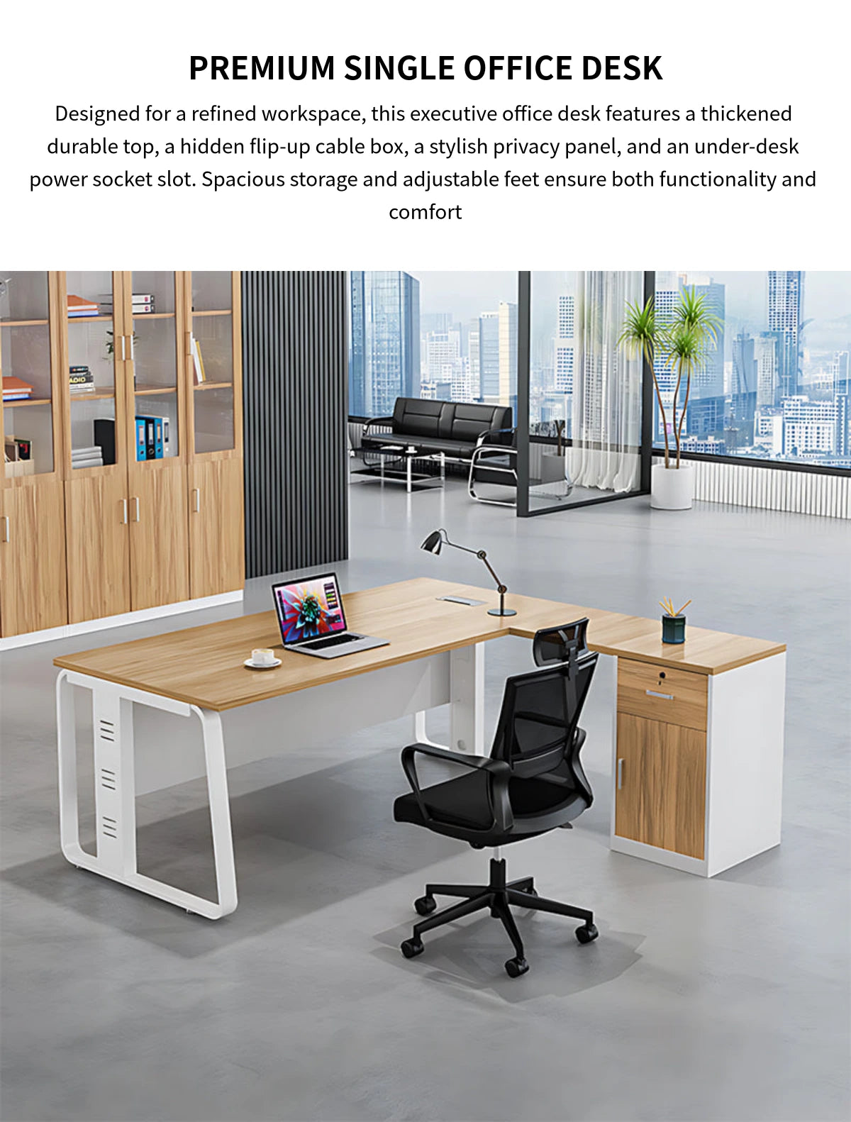 L-Shaped Executive Desk with Built-In Outlets, Cable Management & Priv — Detail image 1