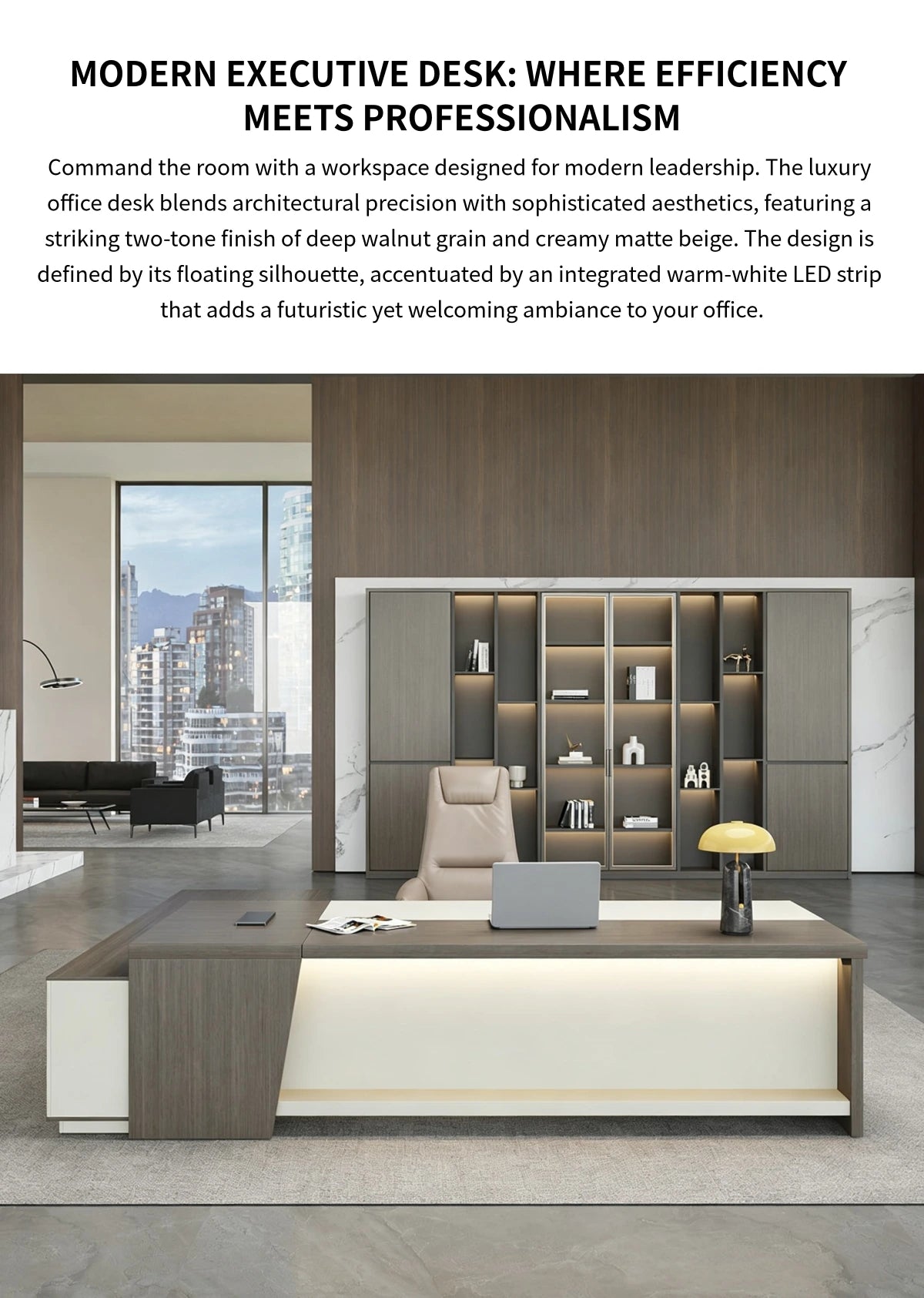 L-Shaped Executive Desk with LED Lighting, Side Storage & Cable Management for Home Office — Detail image 1