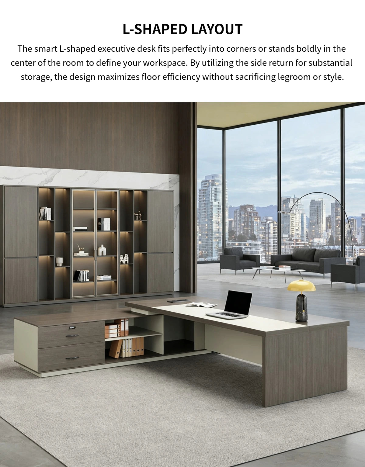 L-Shaped Executive Desk with LED Lighting, Side Storage & Cable Management for Home Office — Detail image 2