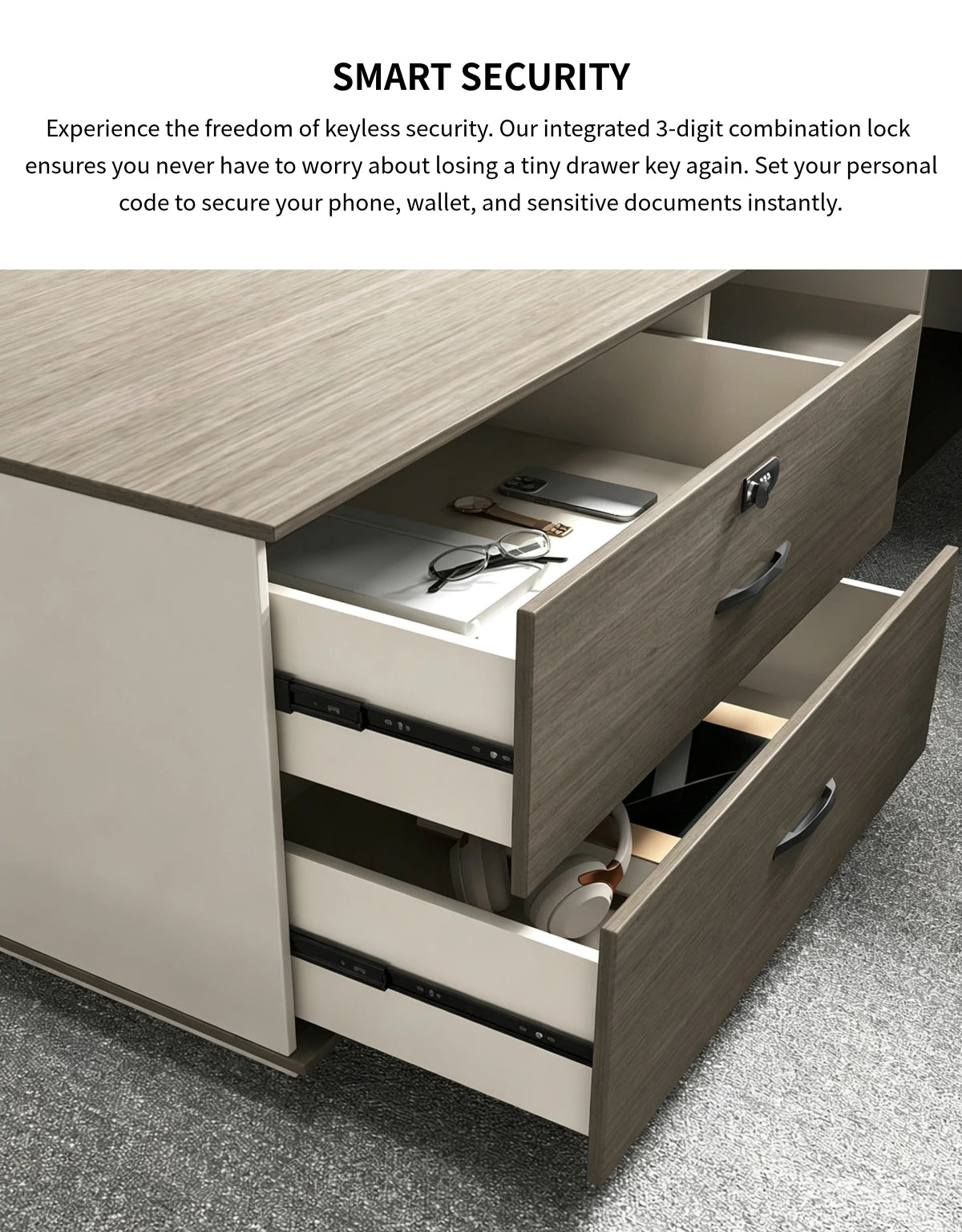 L-Shaped Executive Desk with LED Lighting, Side Storage & Cable Management for Home Office — Detail image 3
