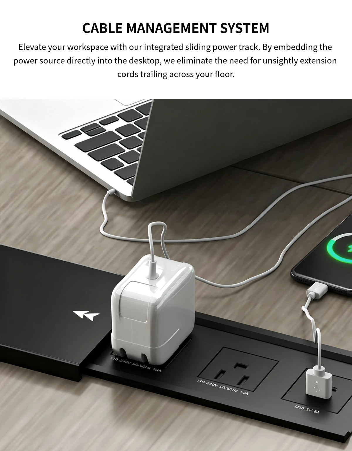 L-Shaped Executive Desk with LED Lighting, Side Storage & Cable Management for Home Office — Detail image 5