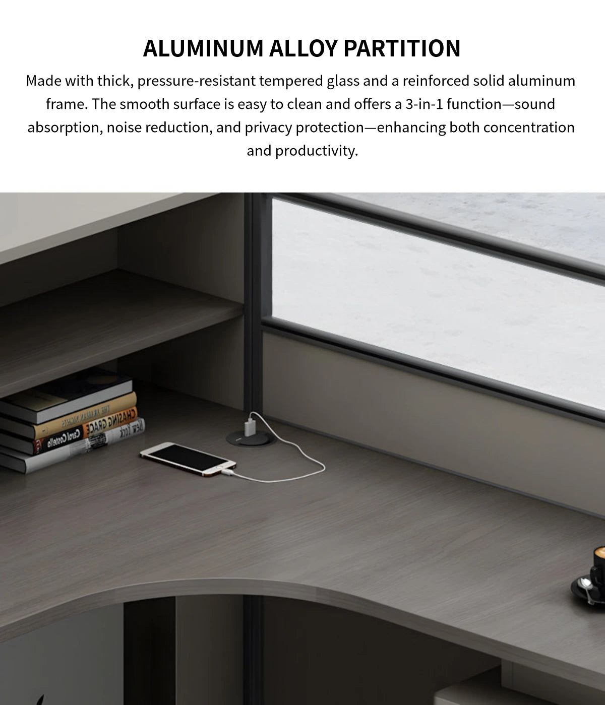 L-Shaped Office Desk with Built-In Outlets, Cable Management & Glass Top for Home Office — Detail image 6
