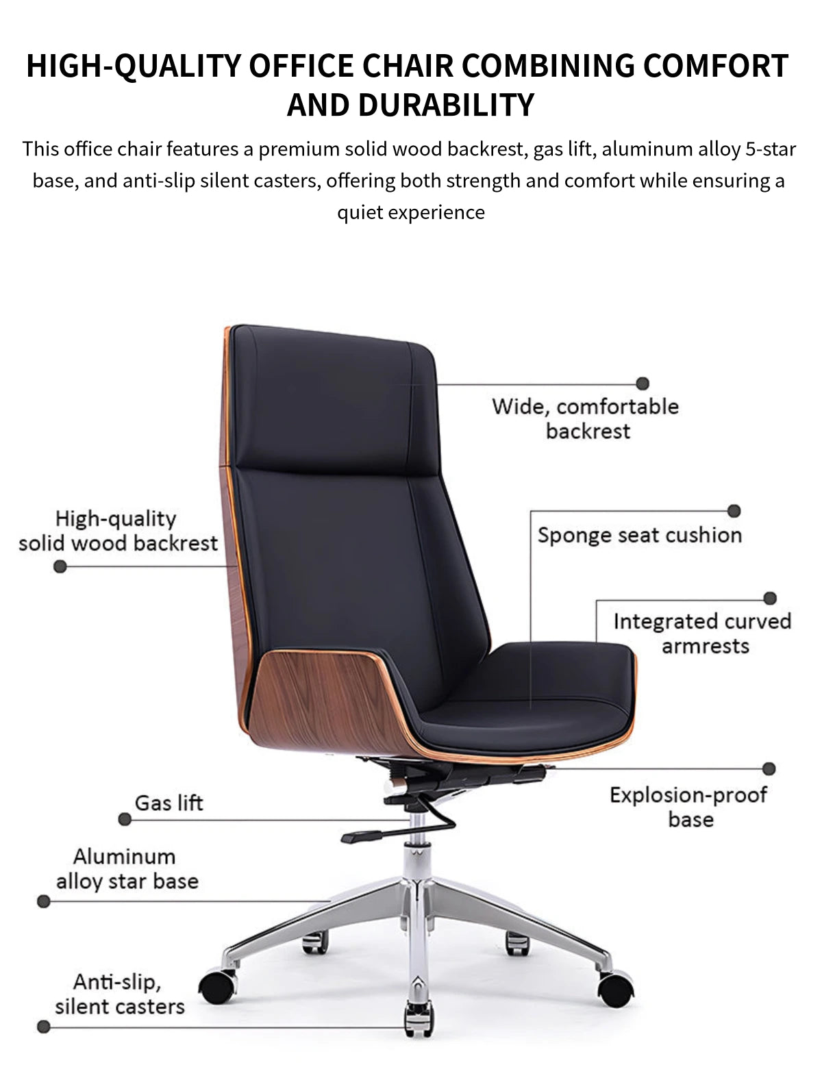 Leather Executive Office Chair with Genuine Leather, Solid Wood & Lumbar Support — Detail image 4