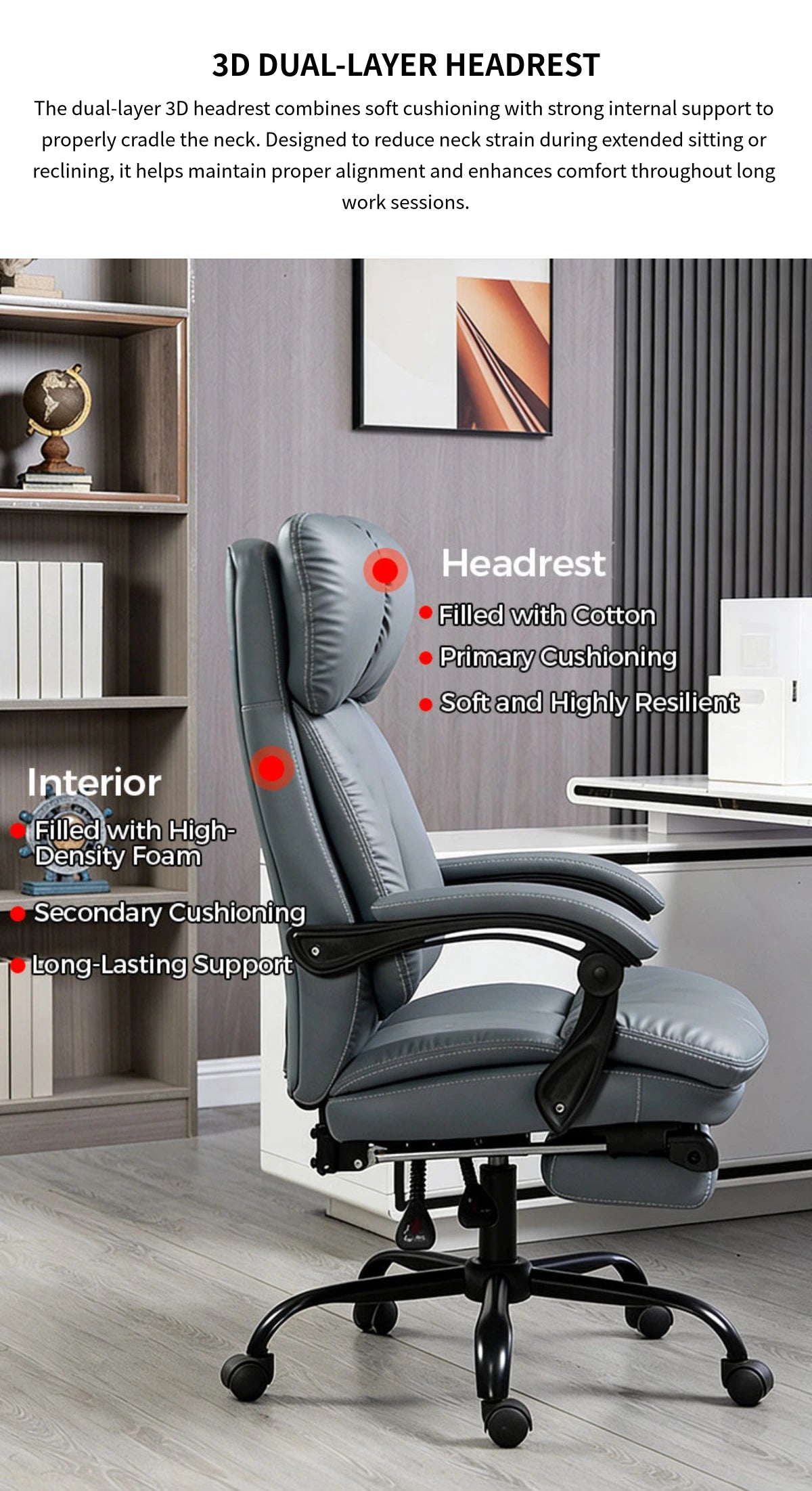 Modern Executive Desk 26 in Wide with Curved, Lumbar Support & Reclining for Home Office — Detail image 3