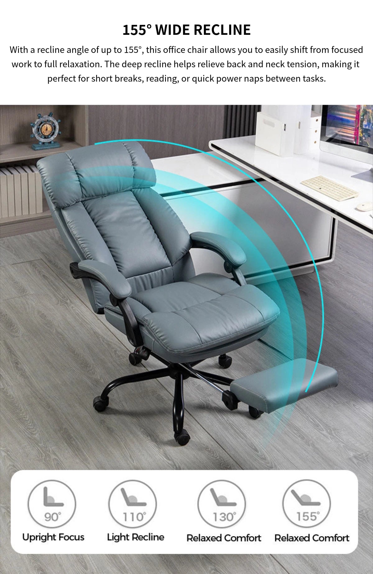 Modern Executive Desk 26 in Wide with Curved, Lumbar Support & Reclining for Home Office — Detail image 6