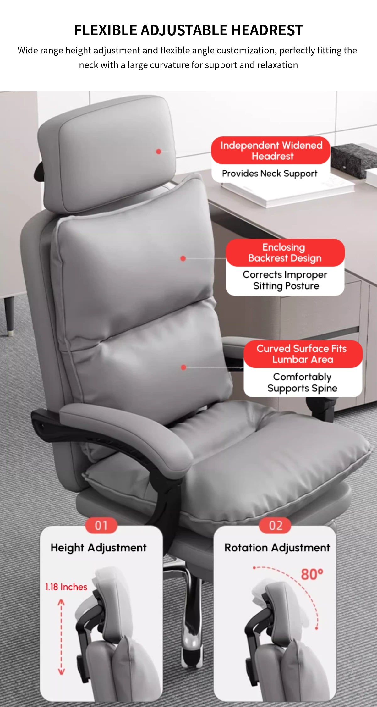 Mesh Ergonomic Office Chair with Reclining, Curved & Breathable Mesh for Home Office — Detail image 3