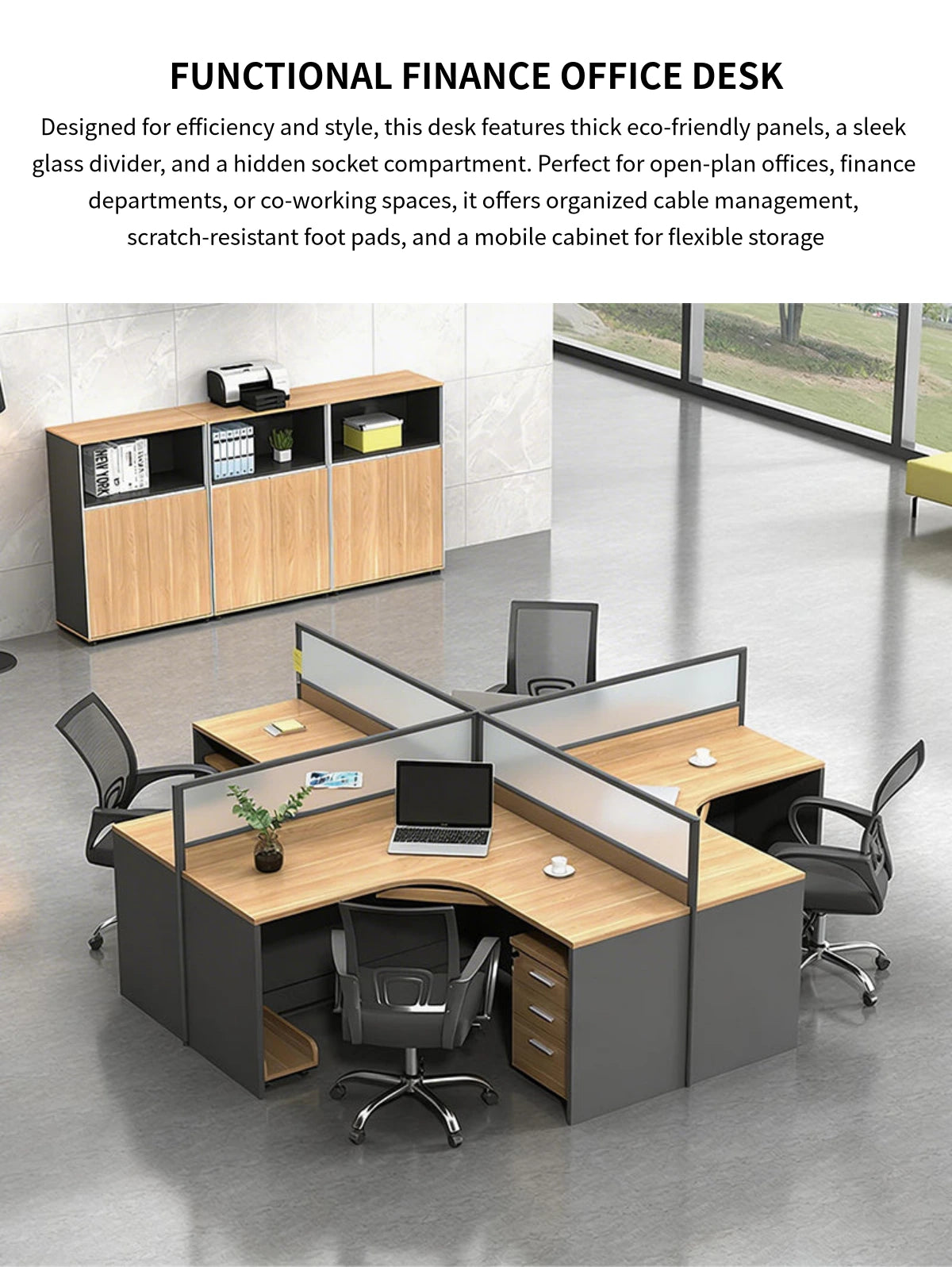 Modern Office Desk with Built-In Outlets, Cable Management & Glass Top for Home Office — Detail image 1
