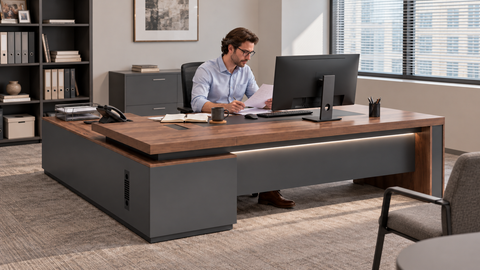 Office worker reviewing documents at a Lurpes L-shaped desk with a computer and everyday work supplies