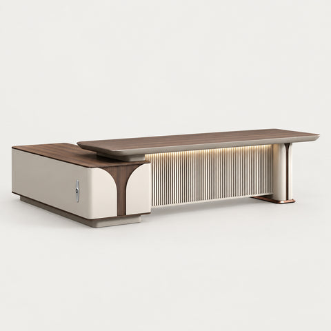 L-Shaped Reception Desk with File Drawers, LED Lighting & Side Storage for Office Lobby