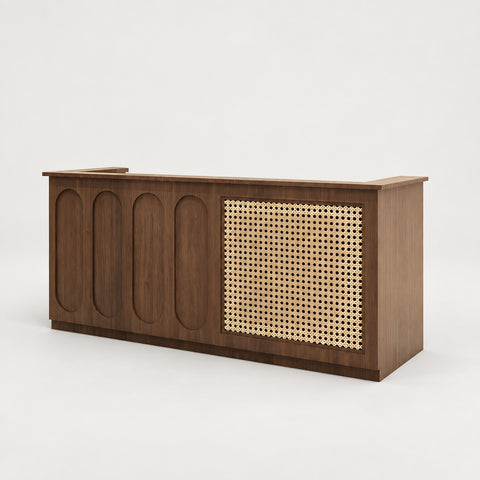 Modern Reception Desk with Rattan, File Drawers & Lockable for Office Lobby