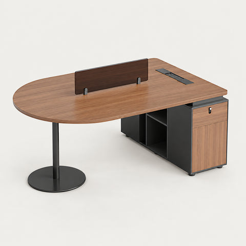 Round Office Desk with Built-In Outlets, Lockable & Solid Wood for Hom