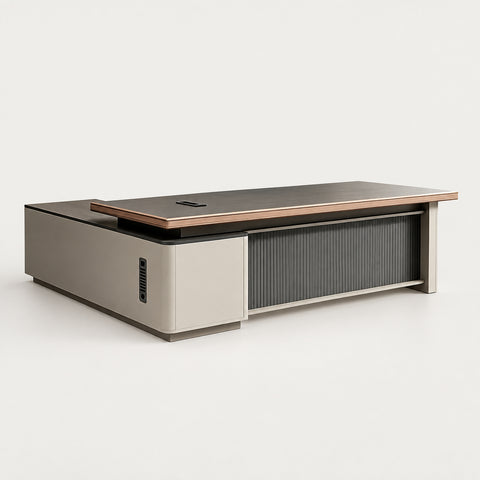 Modern Executive Desk with Wireless Charging, Built-In Outlets & Side Storage