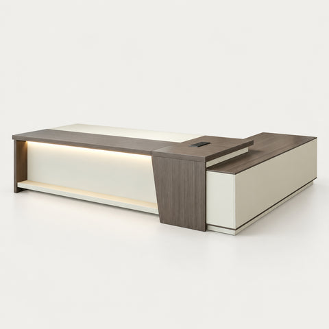 L-Shaped Executive Desk with LED Lighting, Side Storage & Cable Management for Home Office