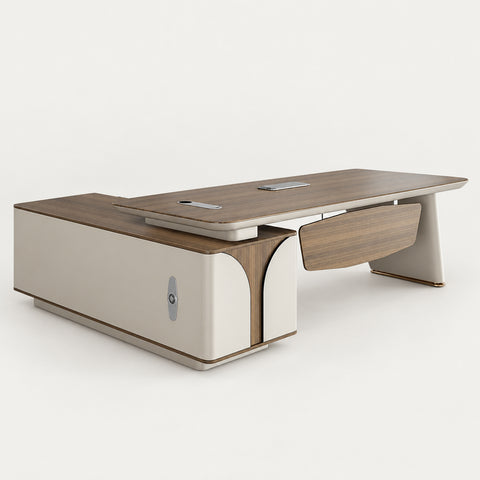 Modern Executive Desk with Curved, Built-In Outlets & Side Storage for Home Office