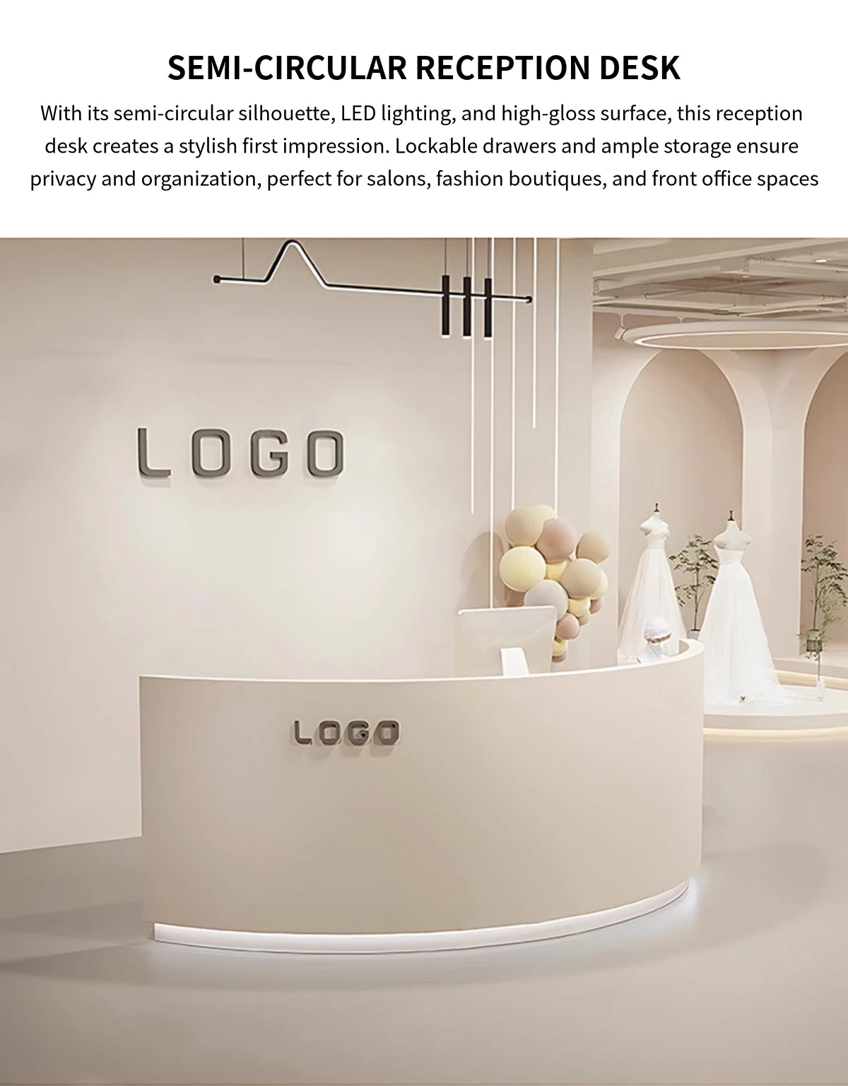 Curved Reception Desk 55-118 in Wide with LED Lighting, Lockable & File Drawers for Salon — Detail image 1