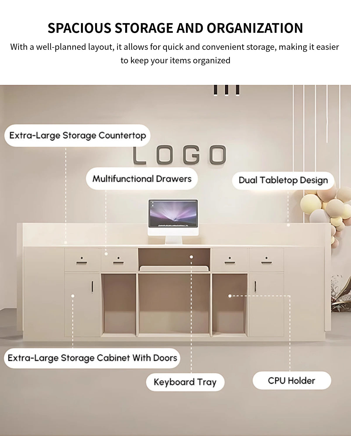 Curved Reception Desk 55-118 in Wide with LED Lighting, Lockable & File Drawers for Salon — Detail image 8