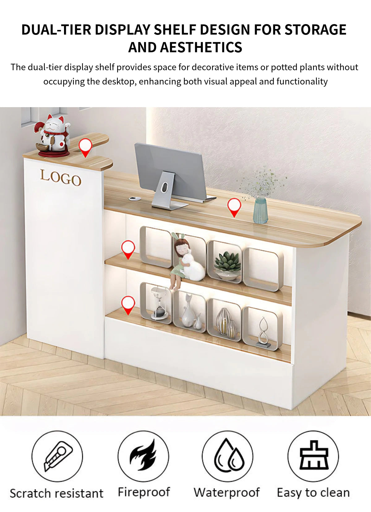 Curved Reception Desk 39-59 in Wide with Keyboard Tray, Lockable & Cable Management — Detail image 8