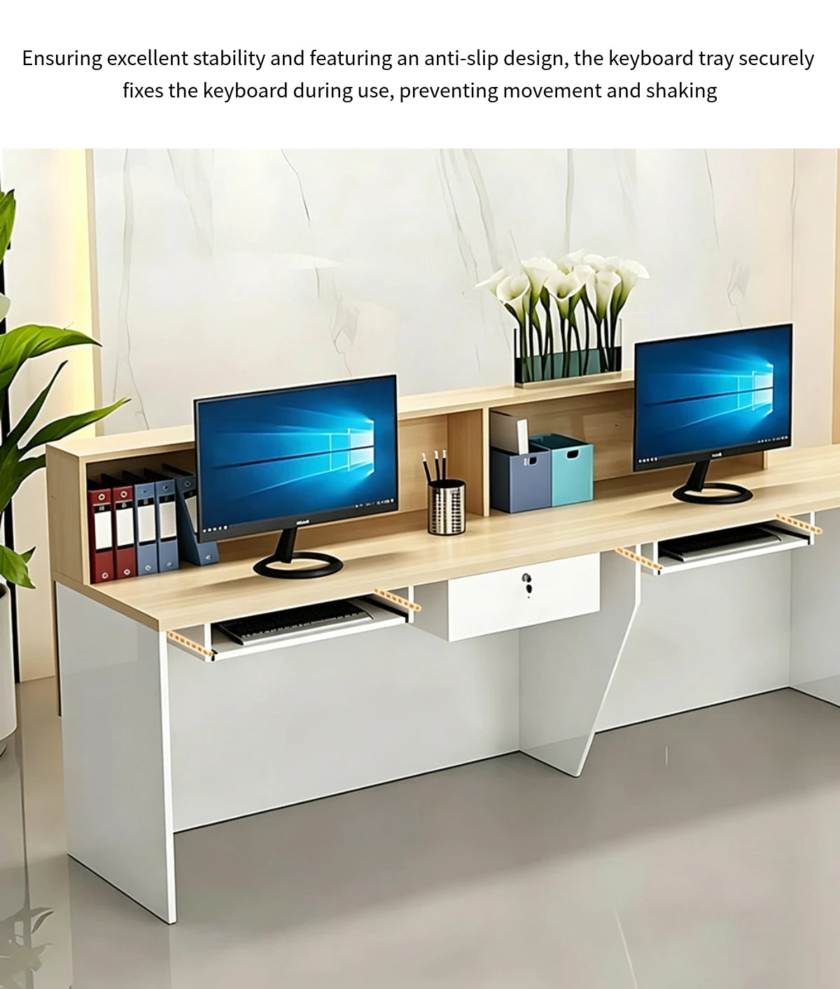 L-Shaped Reception Desk 55-126 in Wide with Dual-Tone, Keyboard Tray & Lumbar Support — Detail image 7