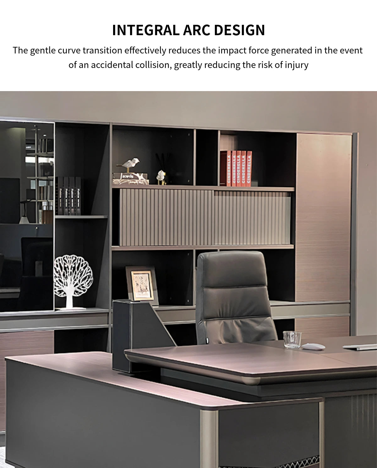 Modern Executive Desk with Curved, File Drawers & Lumbar Support for Home Office — Detail image 5