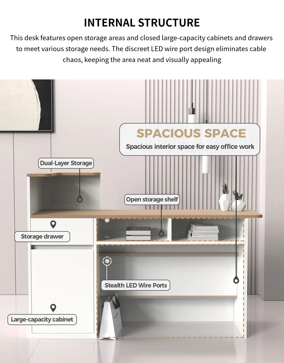 Curved Reception Desk 47-59 in Wide with Cable Management, LED Lighting & File Drawers — Detail image 6