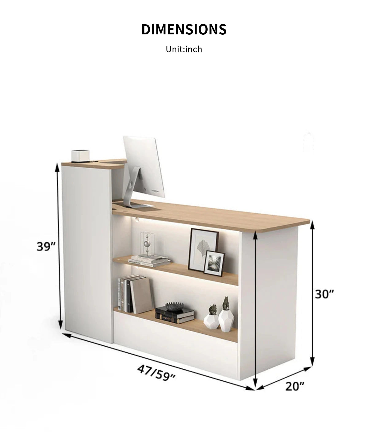 Curved Reception Desk 47-59 in Wide with Cable Management, LED Lighting & File Drawers — Detail image 13