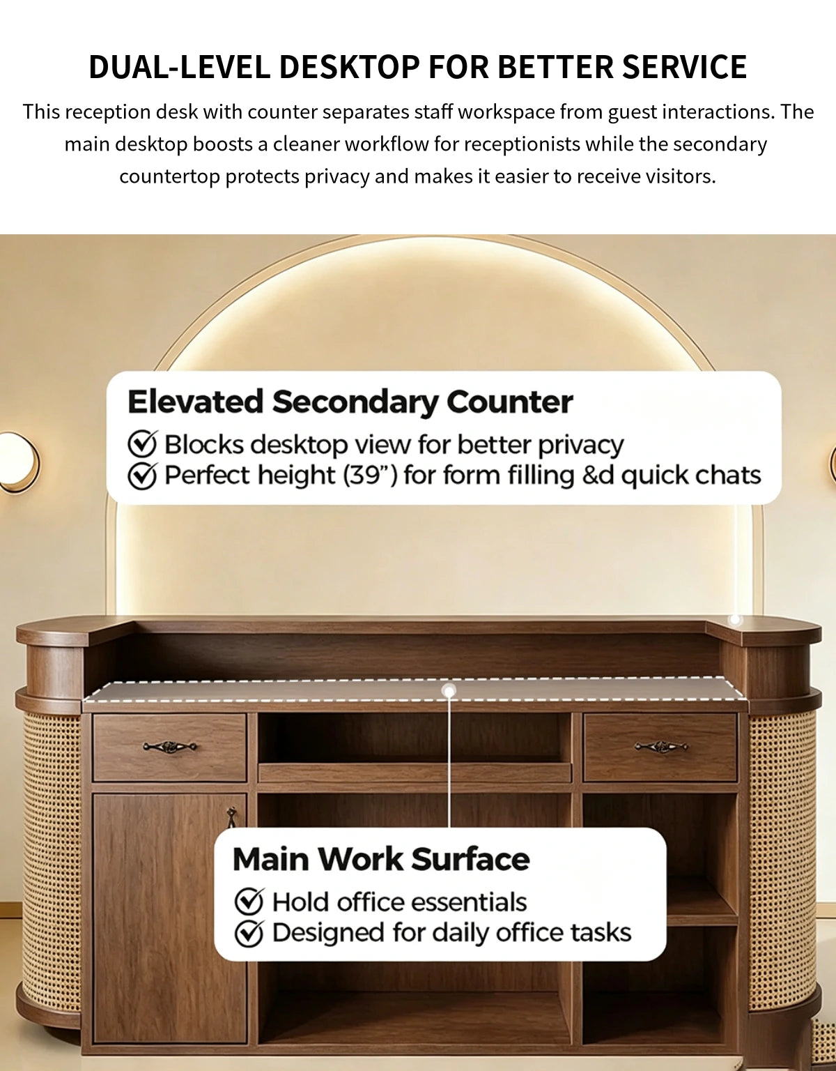 Curved Reception Desk 39-118 in Wide with Rattan, Keyboard Tray & File Drawers for Salon — Detail image 3